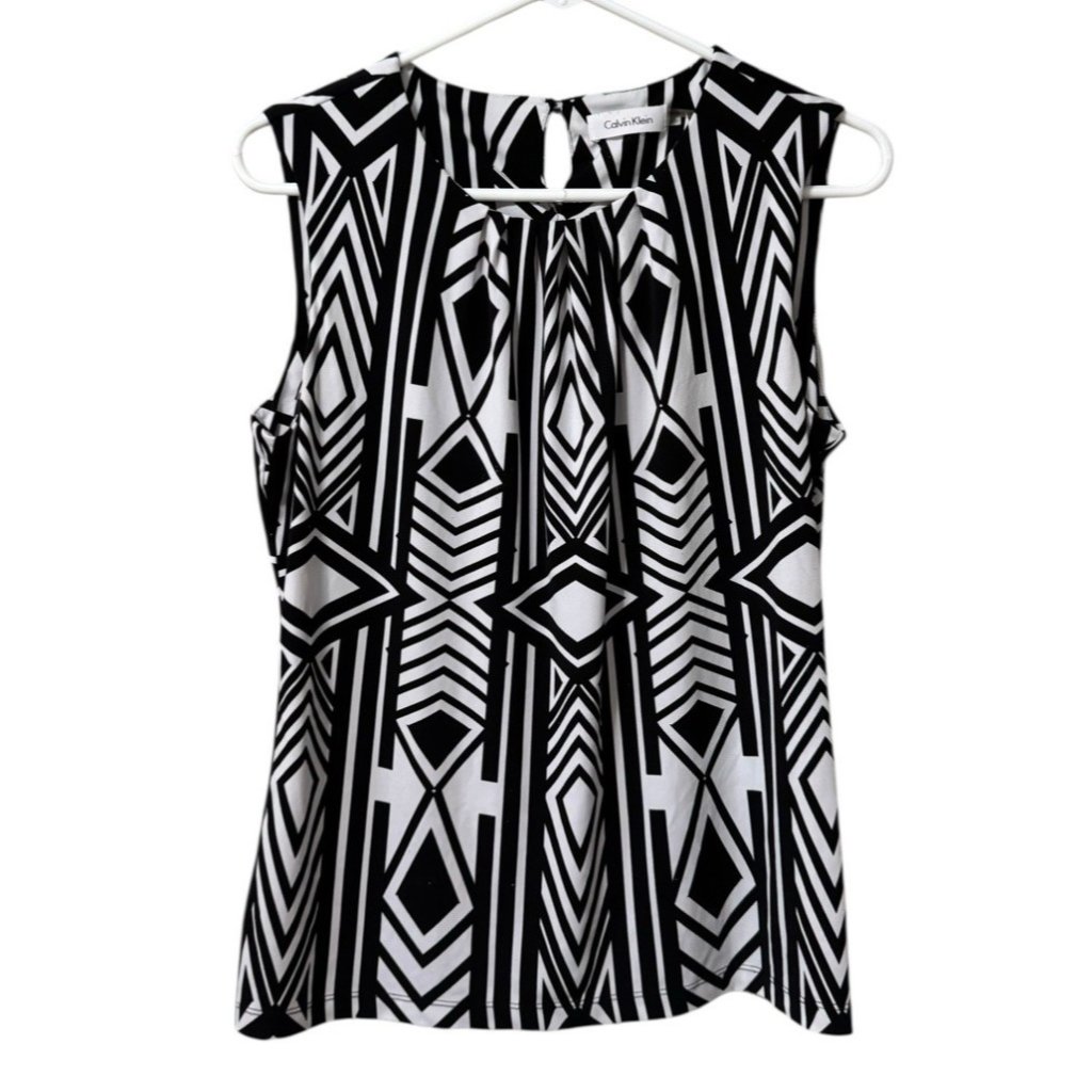 Calvin Klein Women White & Black Sleeveless Blouse Size Medium Keyhole Office